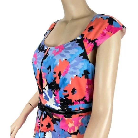 JAX Colorful Floral Print Belted Cap Sleeve Dress Sz 8 Paneled Skirt - Picture 6 of 13